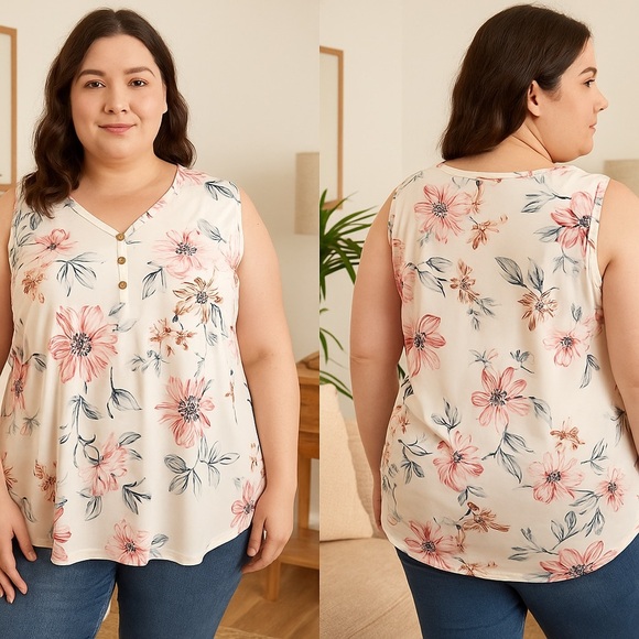 Source Unknown Tops - 4X Floral Sleeveless V-Neck Blouse